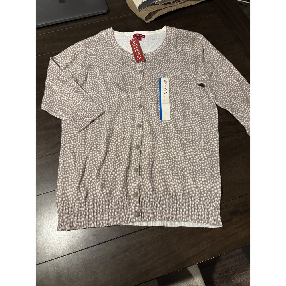 Merona Womens Taupe White Animal Dot Print Cardigan Sweater 3/4 Sleeve Large NWT